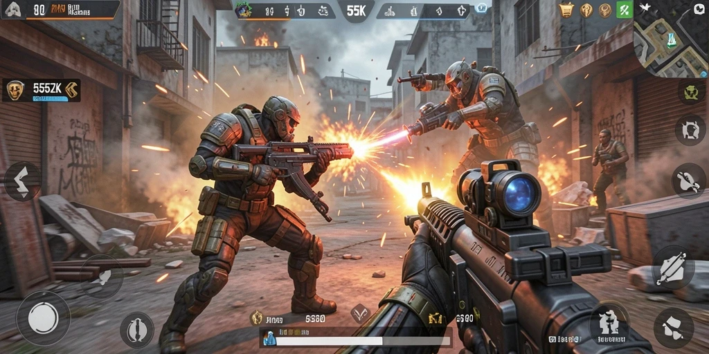 Gameplay menarik 555ZK dengan aksi tembak menembak intens.