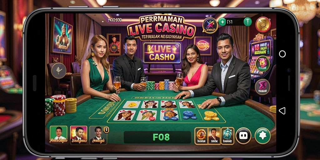 Screenshot dari gameplay F08 yang menunjukkan dealer dan permainan Live Casino.