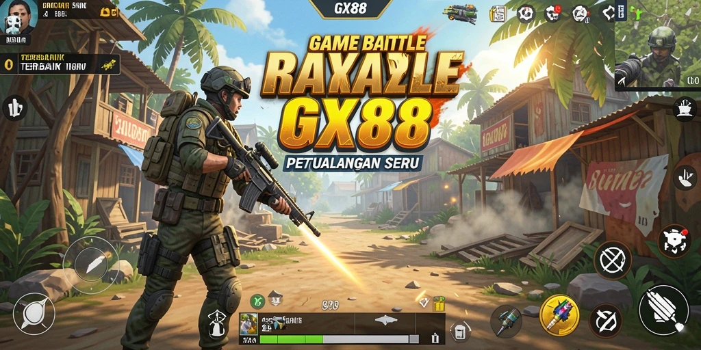 Screenshot utama GX88 menampilkan aksi pertempuran seru di medan perang.