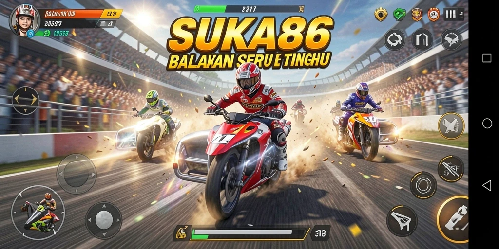 Tampilan gameplay balapan ekstrem dan mendebarkan di SUKA86.